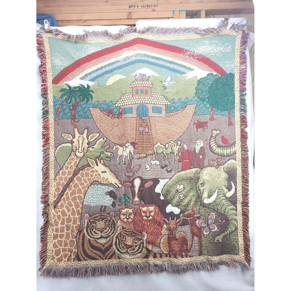 Noah's Ark Colorful Cotton Tapestry Throw Blanket Wall Hanging Nursery Sz 45X52